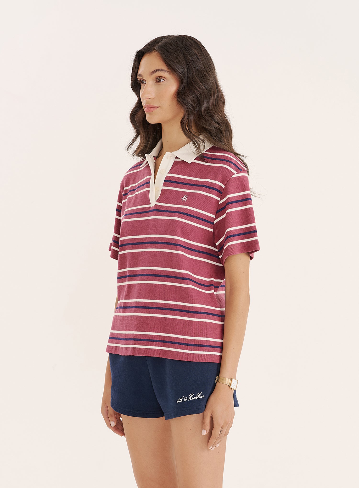 Berry Stripe Short Sleeve Polo Top